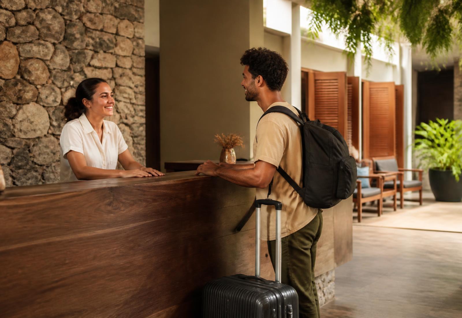 Recepção de hotel contemporâneo com hóspede sendo atendido no balcão
