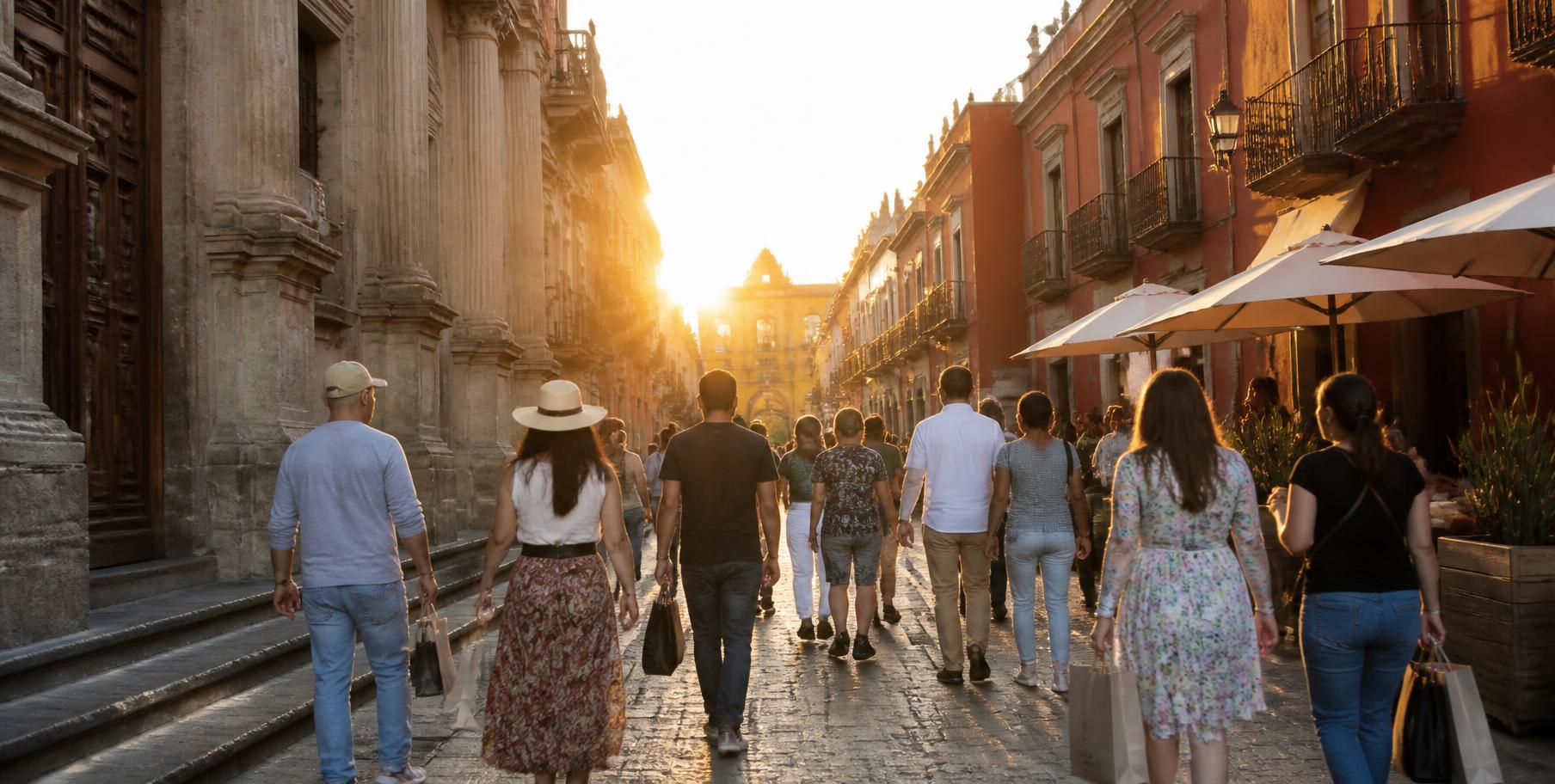 Rua histórica movimentada com turistas caminhando entre lojas e cafés